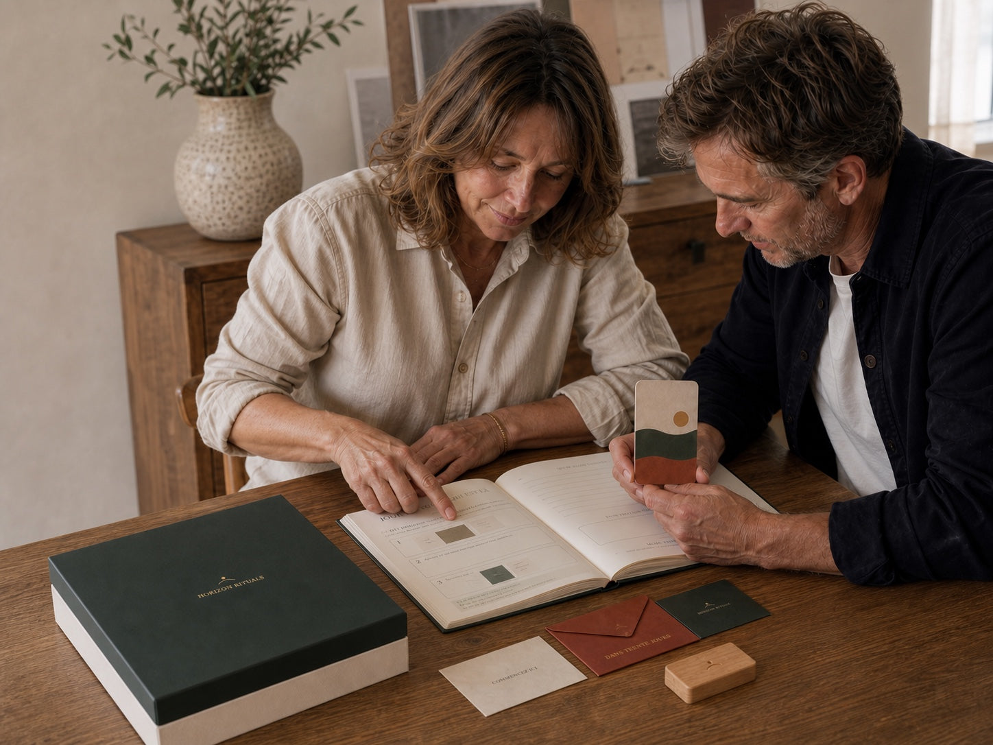 Deux personnes conçoivent ensemble les cartes et le carnet du Coffret Horizon