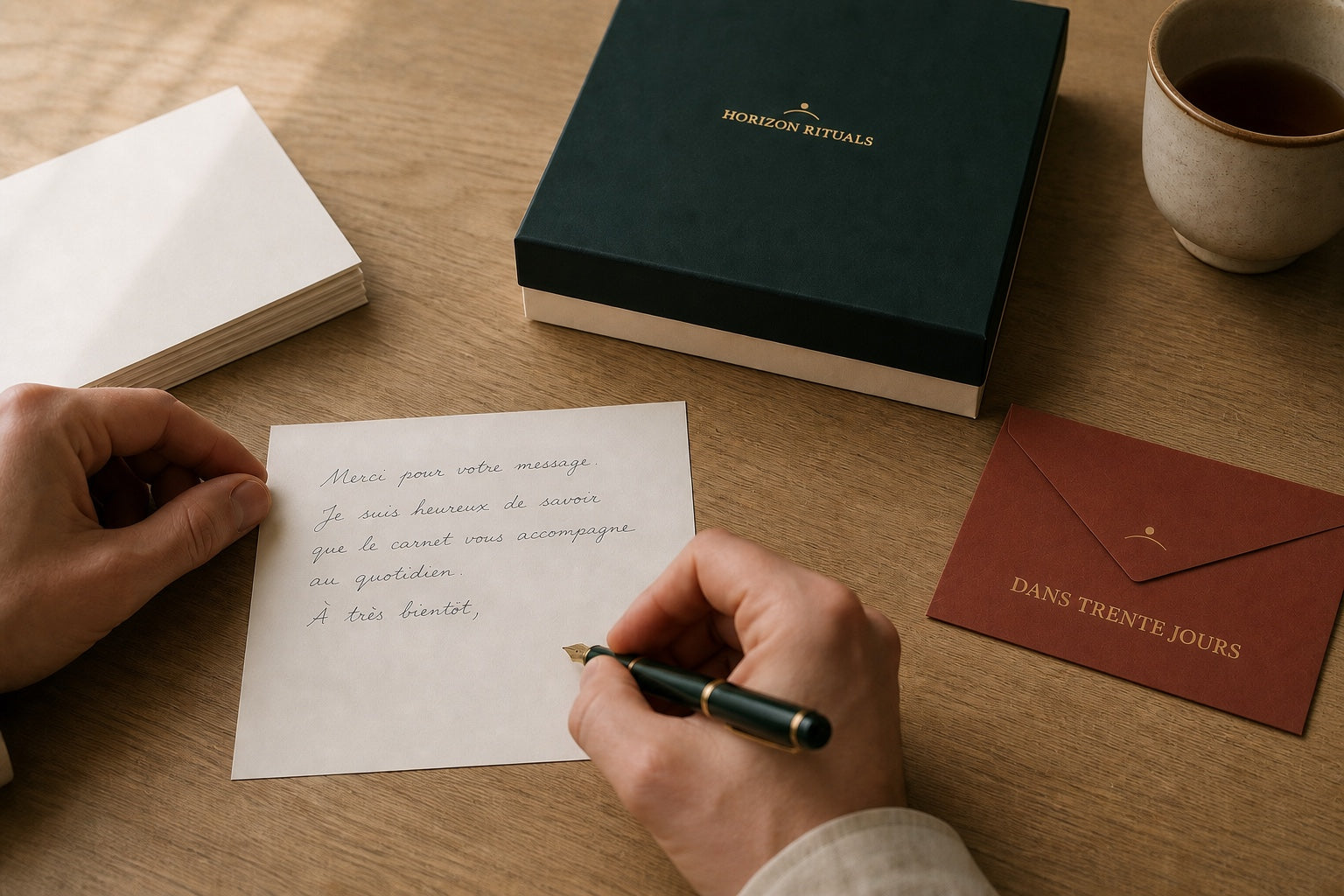 Une personne de l’équipe Horizon répond avec attention à un message, auprès du coffret et de ses éléments