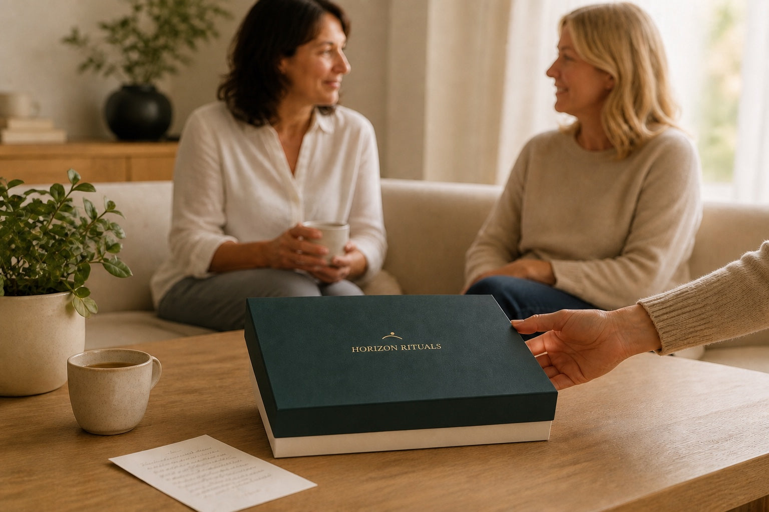 Une femme remet le Coffret Horizon à une proche avec simplicité