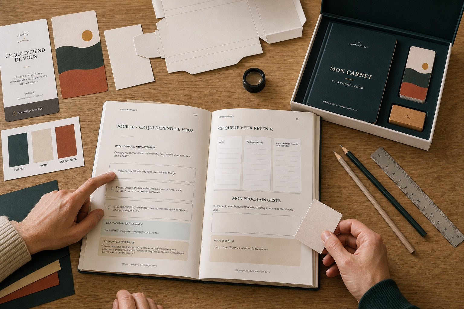 Deux créateurs conçoivent ensemble la structure du coffret, les cartes et les pages du carnet Horizon