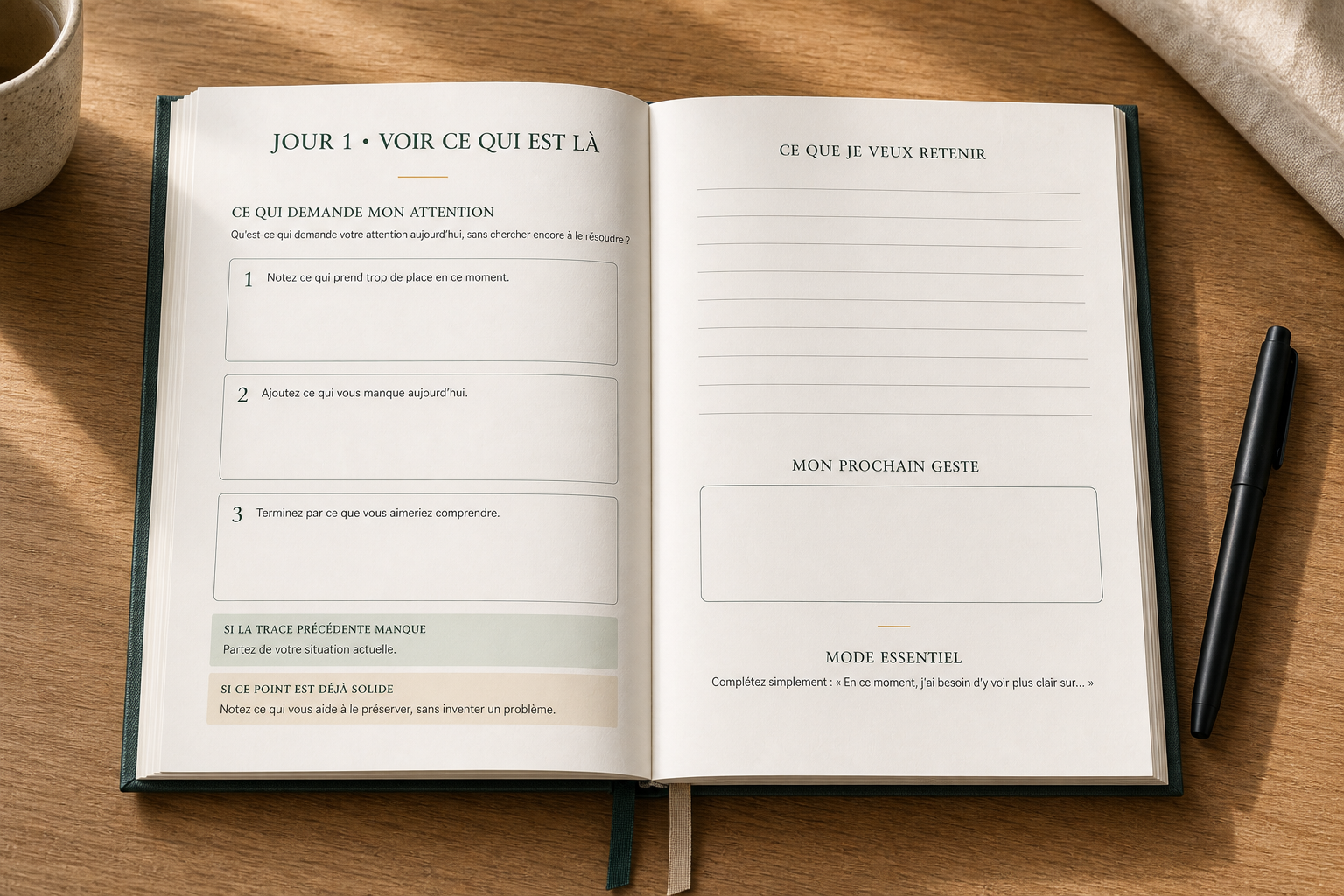 Carnet Horizon ouvert en grand sur une double page guidée, avec les questions, l’espace pour retenir l’essentiel et le prochain geste
