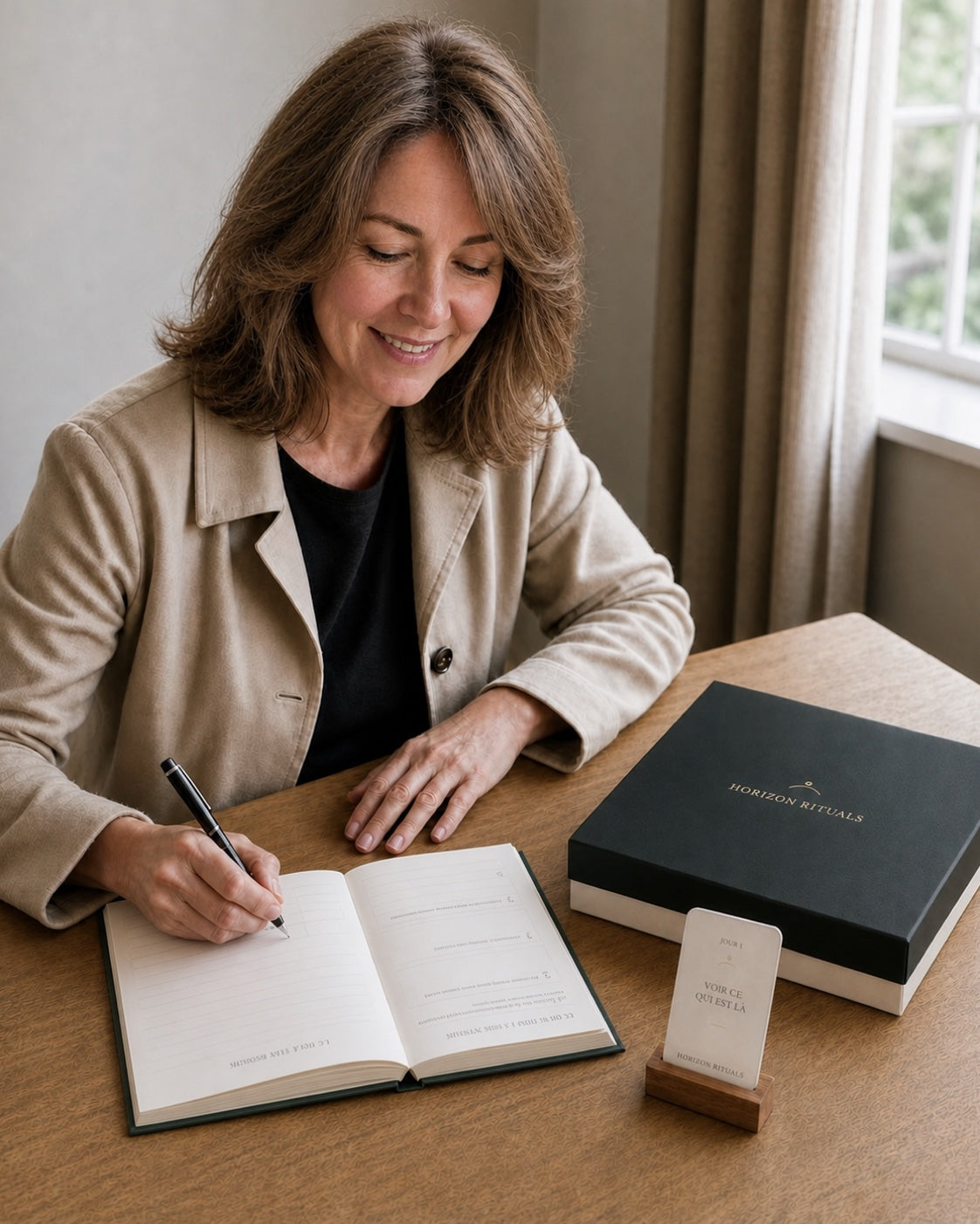 Une femme écrit naturellement dans le carnet Horizon orienté vers elle, avec la carte du jour 1 dans son porte-carte et le coffret fermé à proximité